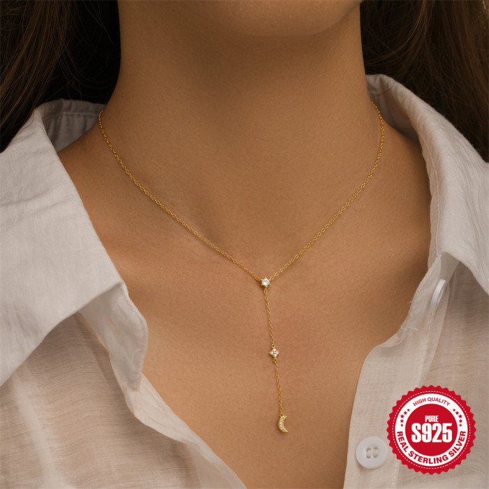 S925 Sterling Silver Star Moon Y-shaped Pendant Necklace for Women Korean Version Ins Style Light Luxury Exquisite High-end Clavicle Chain