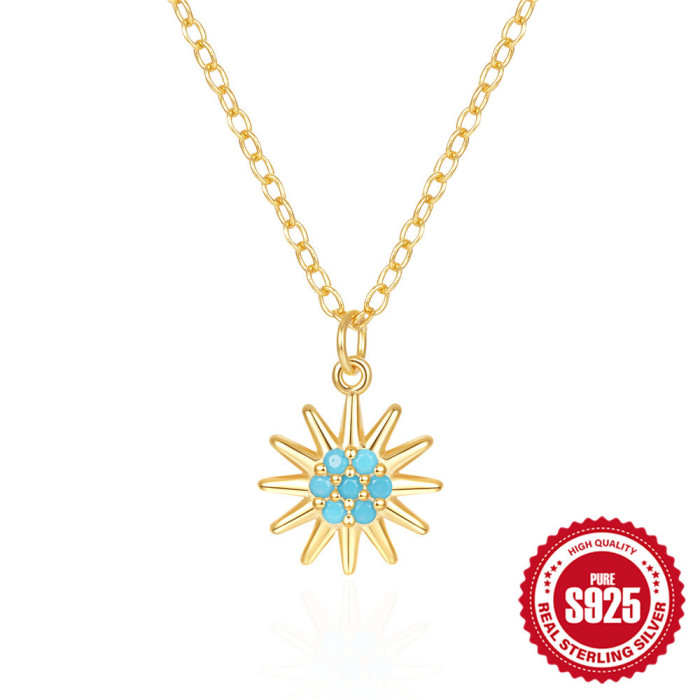 New S925 Sterling Silver Turquoise Sunflower Necklace for Women Korean Niche Style Versatile Fashionable Light Luxury Collarbone Chain