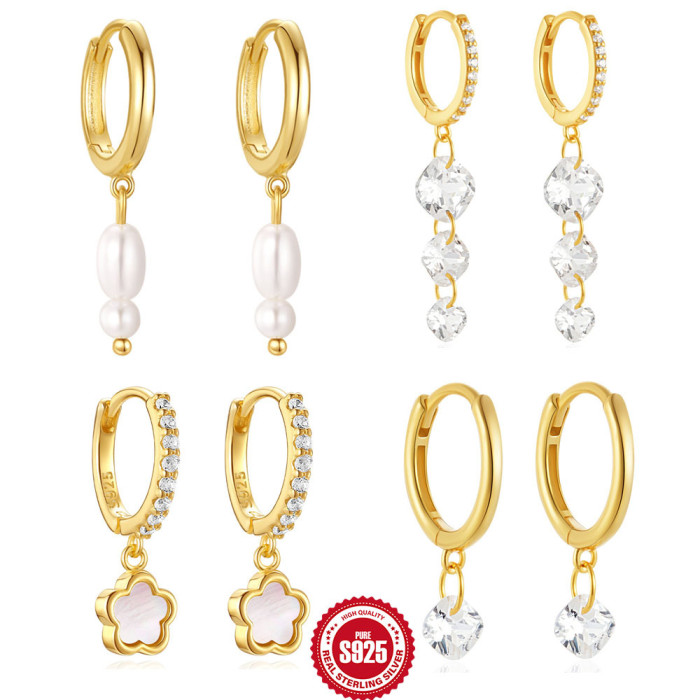 New S925 Sterling Silver Luxurious Diamond-Encrusted White Shell Petal Hoop Earrings European and American Hot-Selling Elegant Pearl Earrings