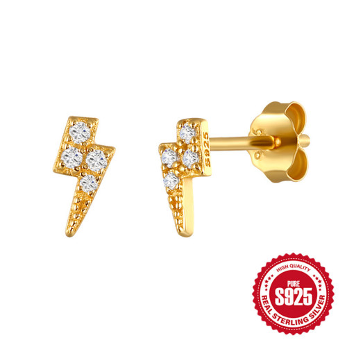 S925 Sterling Silver Micro Inlaid Zircon Earrings Fashion Creative Style Japanese and Korean Version Simple Geometric Lightning Earrings Women's Jewelry