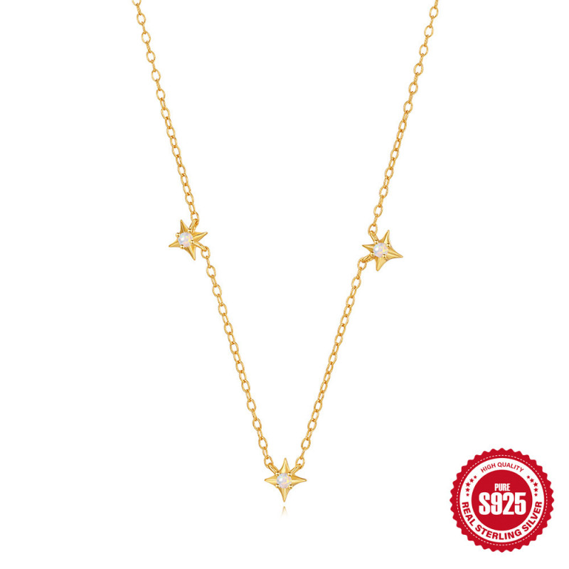 S925 Sterling Silver Four-Pointed Star Tassel Versatile Collarbone Chain Amazon Bestselling Inlaid Opal Elegant Necklace Christmas Gift