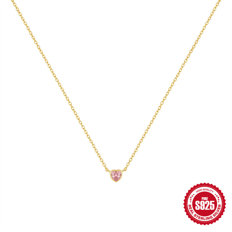 S925 Sterling Silver Light Luxury Heart Pink Diamond Sparkling Collarbone Chain Japanese and Korean Niche Design INS Minimalist Versatile Necklace