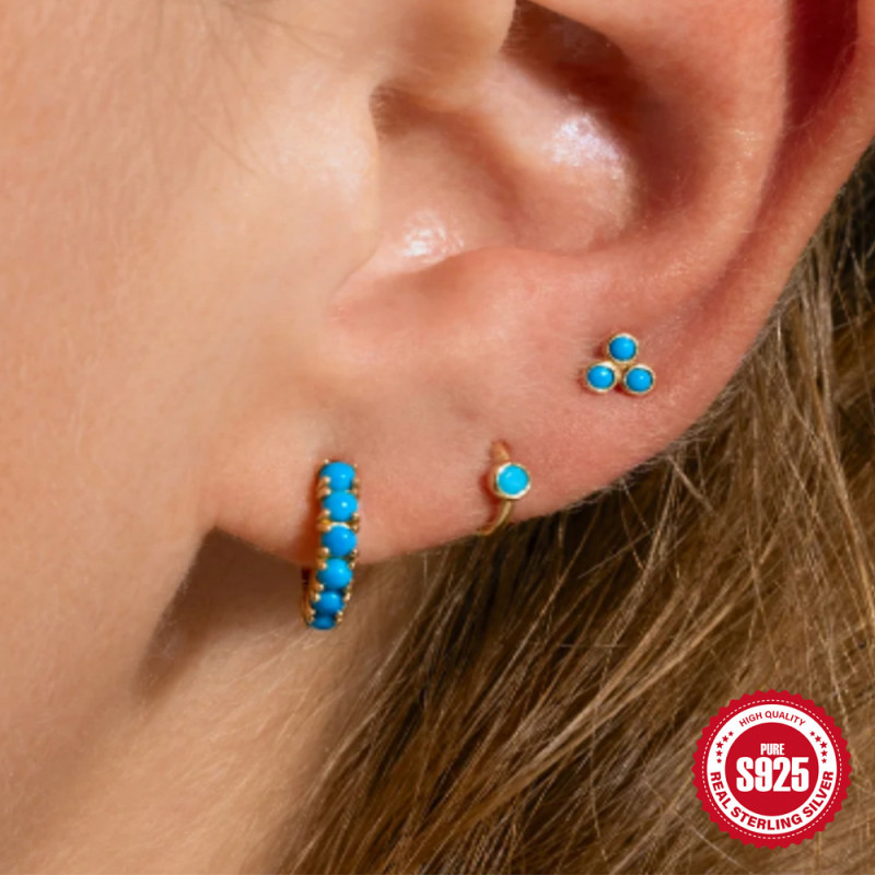 New S925 Sterling Silver Turquoise Versatile Hoop Earrings and Studs Set for Women, European and American Hot-Selling French Style INS Earrings