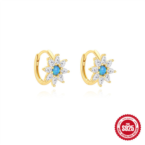 New S925 Sterling Silver Blue Opal Water Drop Zircon Hoop Earrings European and American French Style Elegant High-end Earrings