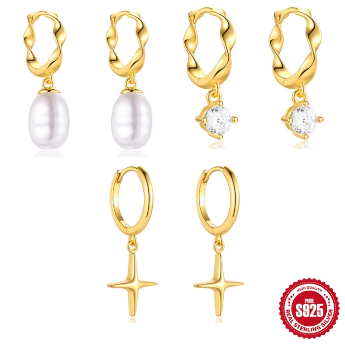 S925 Sterling Silver Vintage Pearl Inlaid Diamond Earrings European and American Hot-Selling Cross Personality INS Style Simple Hoop Earrings