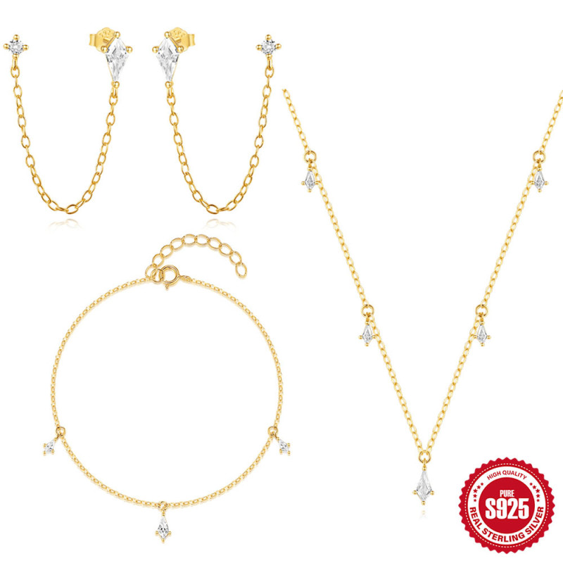 New 925 Sterling Silver Kite Stone Inlaid Diamond Layered Necklace Bracelet Earrings Set European and American Hot Selling Versatile Jewelry Set