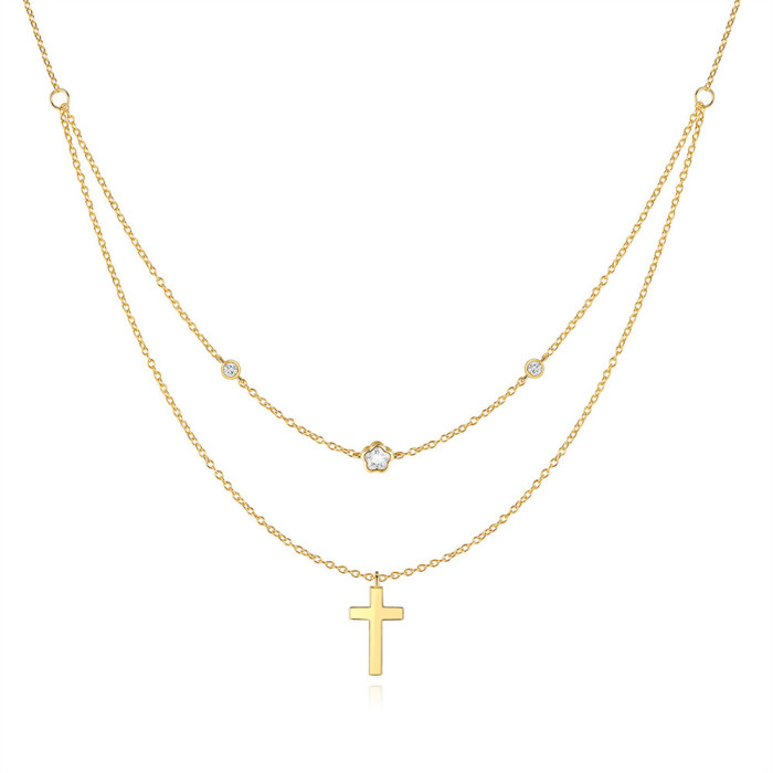 S925 Sterling Silver Exquisite Plum Blossom Smooth Cross Double Layer Stacked Collarbone Necklace Amazon Hot Selling Diamond-Encrusted Necklace