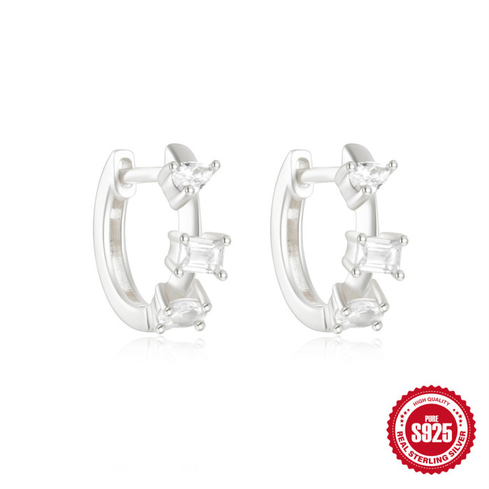 New S925 Sterling Silver Classic Stone-Studded Small Round Geometric Hoop Earrings Hot-Selling Creative Ear Jewelry