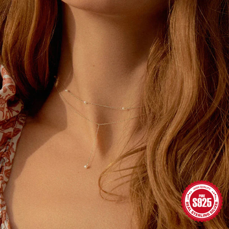 S925 Sterling Silver Y-shaped Pearl Collarbone Necklace for Women Korean Style Elegant Internet Celebrity TikTok Hot-selling Necklace Elegant Collarbone Chain