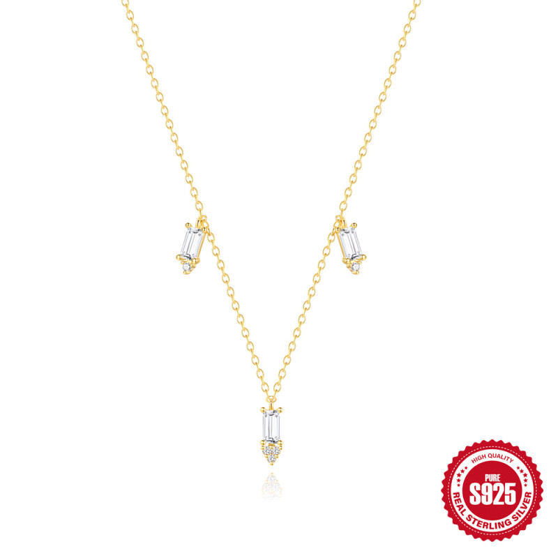 New S925 Sterling Silver Layered Square Diamond Inlaid Clavicle Necklace European and American Hot-Selling Elegant Personality Ins Style Clavicle Chain