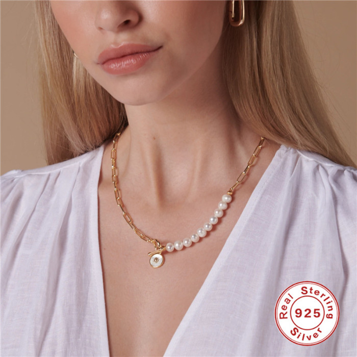 S925 Sterling Silver Paperclip Chain Pearl Sunflower Pendant Collarbone Necklace Internet Celebrity Street Style Personality K Gold Plated Necklace