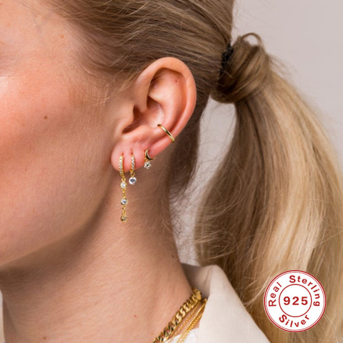 S925 Sterling Silver Drop Chain Hoop Earrings European and American Cross-Border Hot Sale Diamond-Studded Personality Versatile Elegant Ear Cuffs Ear Jewelry
