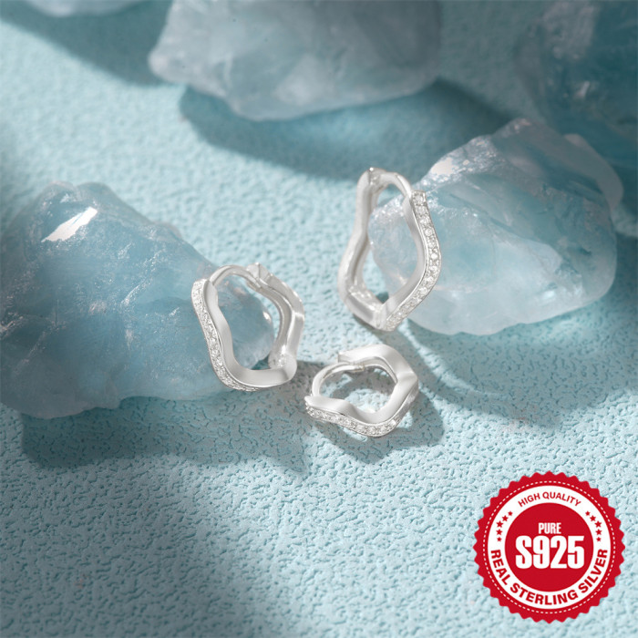 S925 Sterling Silver Wave-Shaped Stone-Studded High-End Earrings Ear Clips Hot-Selling Ins Simple Hoop Earrings Jew...