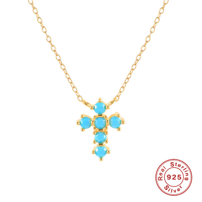 S925 Sterling Silver INS Geometric Turquoise Cross Water Drop Collarbone Necklace Fashion Simple Creative Necklace