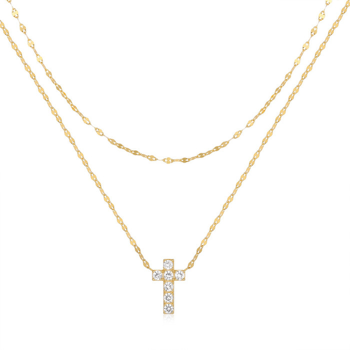 S925 Sterling Silver Double Layer Stacked Diamond Cross Necklace European and American Fashion Ins Style Street Style Trendy Collarbone Chain for Women