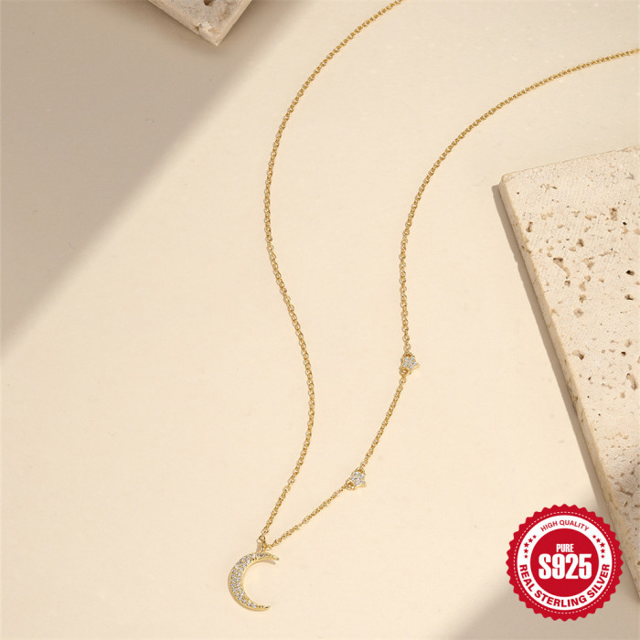 S925 Sterling Silver Classic Moon Pentagram Inlaid Diamond Collarbone Chain Korean Version Niche Design High-end Versatile Necklace for Women