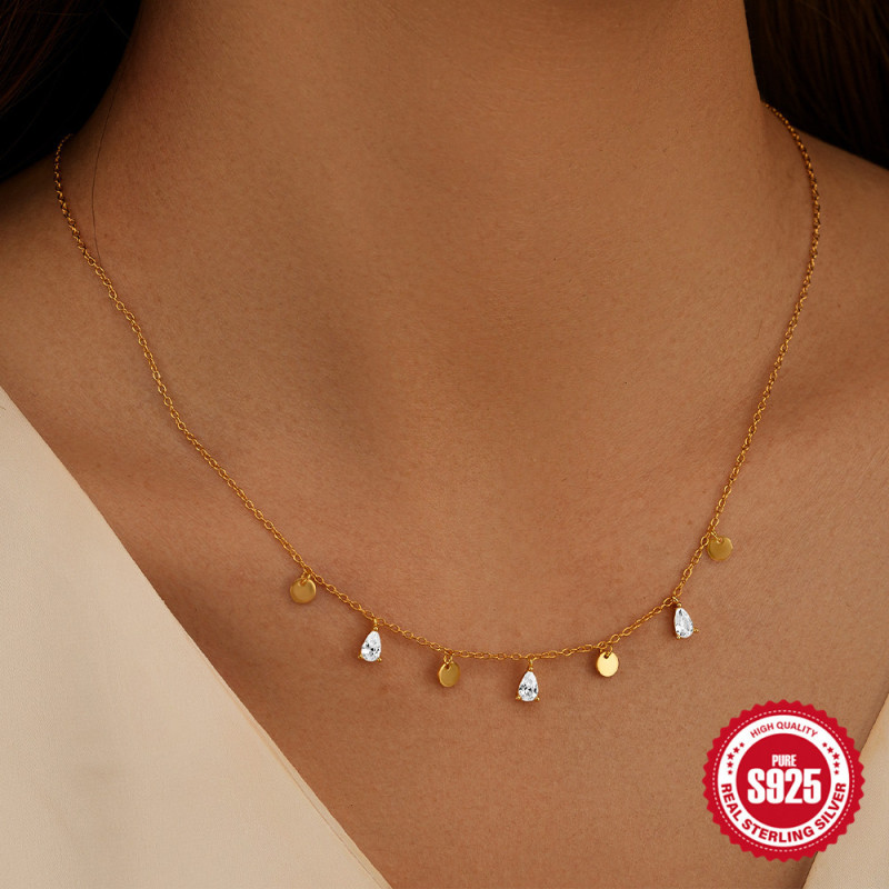 S925 Sterling Silver Layered Water Drop Inlaid Diamond Round Pendant Women's Collarbone Chain European and American Cross-Border Hot Selling INS Minimalist Style Necklace