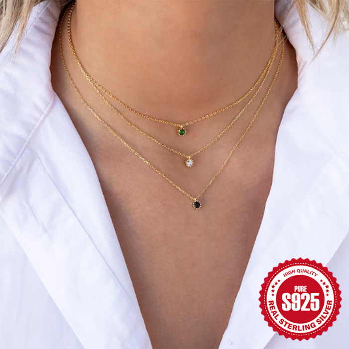 New S925 Sterling Silver Single Diamond Pendant Versatile Fashion Collarbone Chain Korean Style Elegant Niche Design Inlaid Diamond Necklace