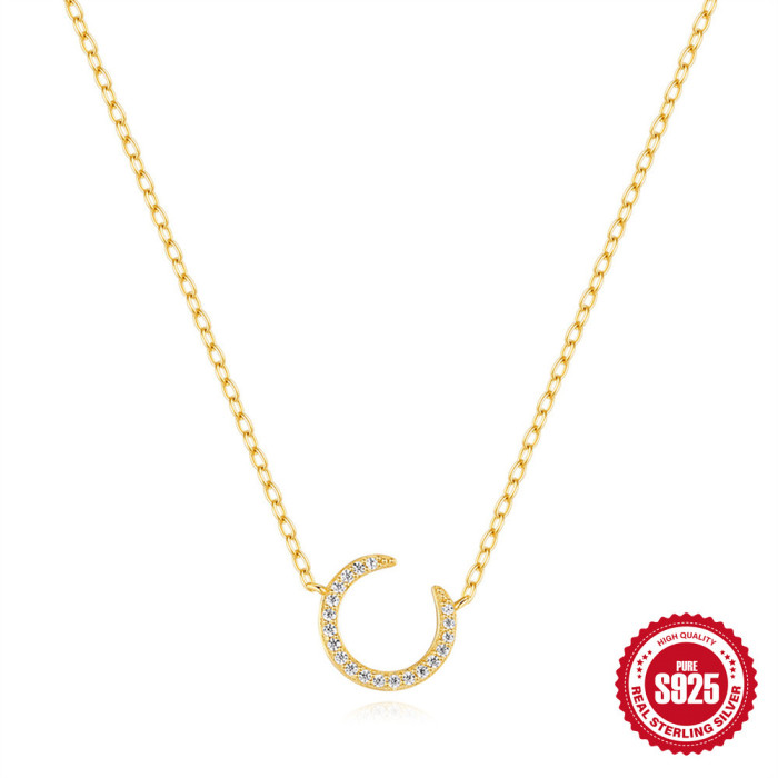 New S925 Sterling Silver Crescent Moon Inlaid Diamond Light Luxury Collarbone Chain Korean Version Niche Design Moon Design Necklace for Women