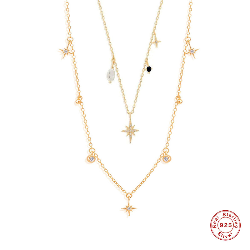S925 Sterling Silver Octagonal Star Inlaid Diamond Irregular Pearl Collarbone Necklace European and American Fashion Ins Style Layered French Collarbone Chain