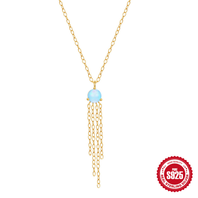 New S925 Sterling Silver High-End Australian Opal Tassel Collarbone Chain Korean French Niche Design INS Necklace for Women