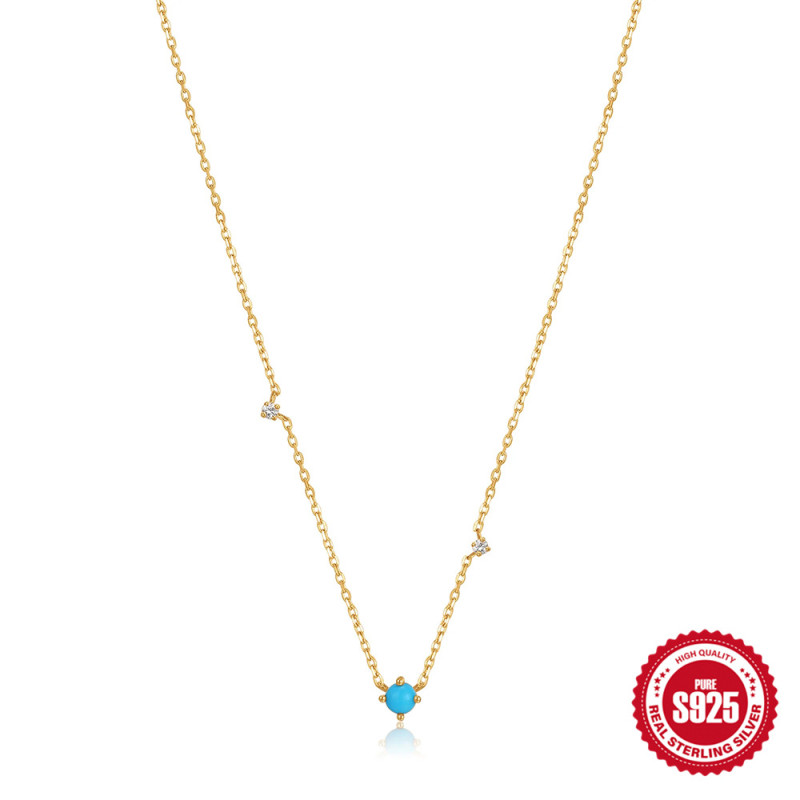 S925 Sterling Silver Inlaid Diamond Layered Necklace European and American Fashion Simple Ins Style Turquoise Women's Collarbone Chain Necklace Cross-Border