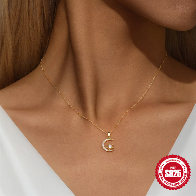 S925 Sterling Silver Star Moon Inlaid Diamond High-end Clavicle Chain European and American Cross-border Hot-selling Classic Minimalist Necklace for Women
