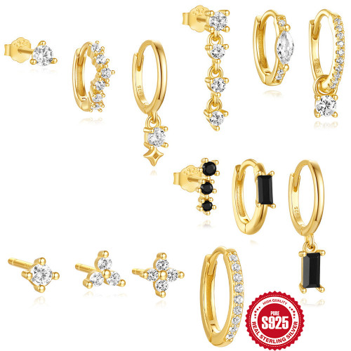 S925 Sterling Silver Inlaid Star Geometric Pendant Earrings Set European and American Hot Selling Diamond-Encrusted Flower Stud Earrings Hoop Earrings