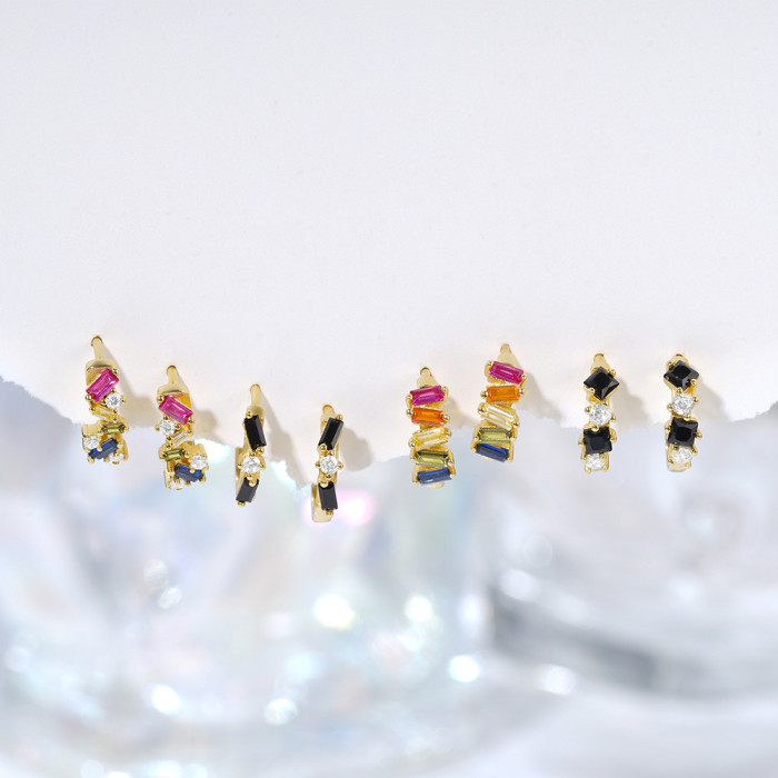 S925 Sterling Silver Irregular Geometric Colorful Zircon Earrings for Women Hoop French Style Bohemian Earrings