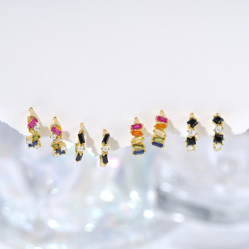 S925 Sterling Silver Irregular Geometric Colorful Zircon Earrings for Women Hoop European and American French Style Bohemian Earrings