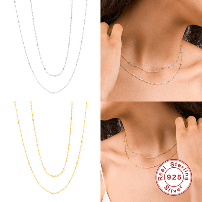 S925 Sterling Silver Beaded Chain Layered Necklace for Women, Bestselling Fashionable Versatile Simple Collarbone Nec...