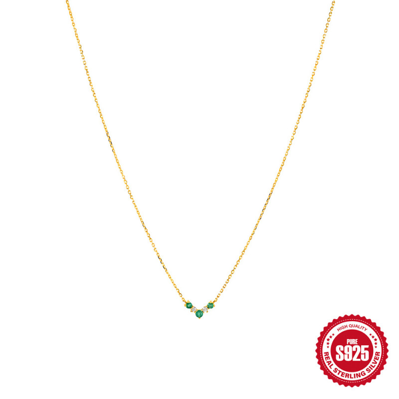 S925 Sterling Silver Gold-Plated Emerald Zircon Necklace European and American Simple Ins Style Design Heart-Shaped Collarbone Chain Choker