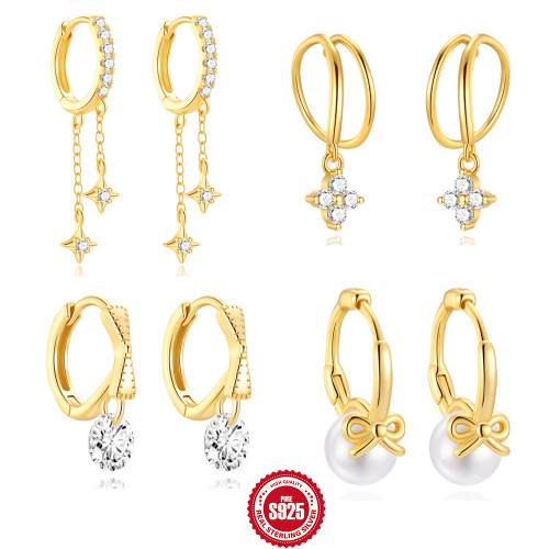 S925 Sterling Silver Butterfly Tassel Four-Pointed Star Inlaid Diamond Pearl Versatile Hoop Earrings European and American Hot-Selling Personality Ear Jewelry