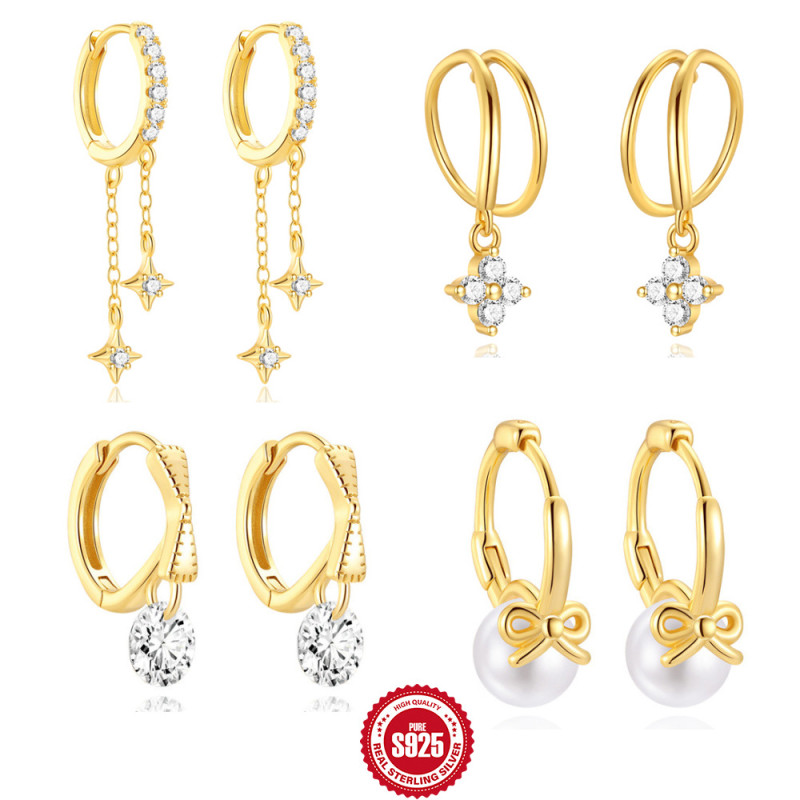 S925 Sterling Silver Butterfly Tassel Four-Pointed Star Inlaid Diamond Pearl Versatile Hoop Earrings European and American Hot-Selling Personality Ear Jewelry