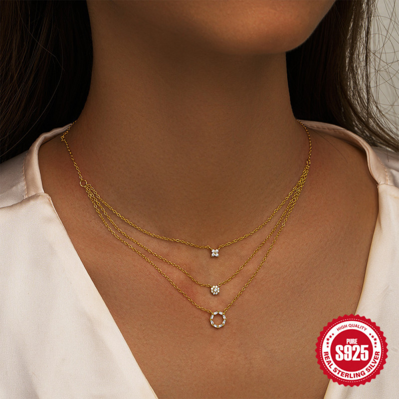 S925 Sterling Silver Geometric Round Diamond-Inlaid Three-Layer Stacked Collarbone Chain European and American Hot-Selling Light Luxury Elegant Versatile Necklace for Women