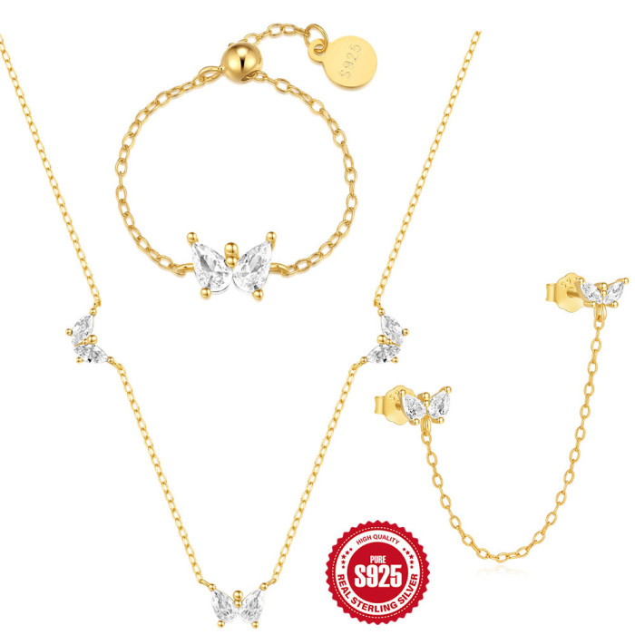 S925 Sterling Silver Water Drop Zircon Splicing Butterfly Chain Ring Necklace Earrings Set Hot Selling Jewelry Set