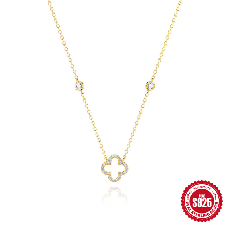 Approximately 925 Silver Light Luxury Diamond-Encrusted Four-Leaf Clover Collarbone Chain Korean Version Niche Geometric Simple Necklace Women's Fashion Commuting