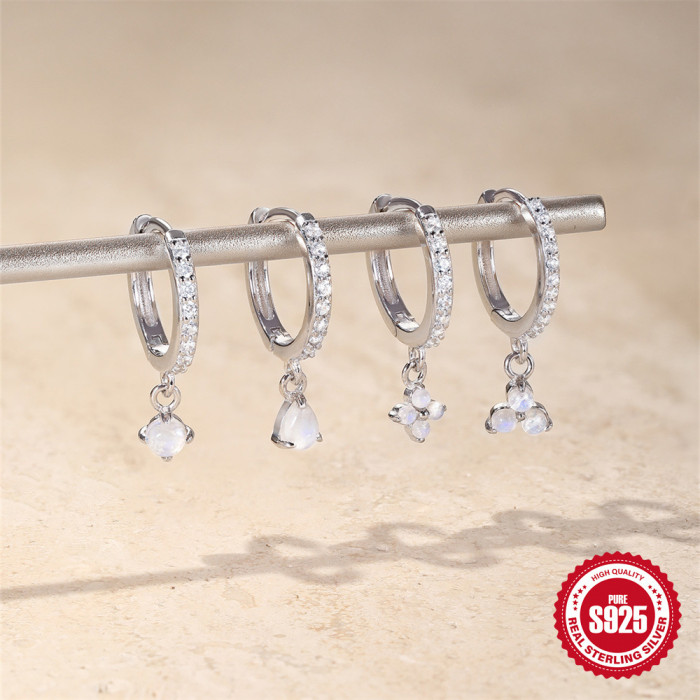 S925 Sterling Silver Natural Moonstone Claw Setting Pendant Hoop Earrings Korean Style Niche Diamond-Encrusted High-End Ear Cuffs Ear Jewelry