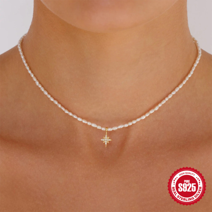 S925 Sterling Silver Devil's Eye Pendant Necklace Octagonal Star Inlaid with Diamonds European and American Simple Moon Pearl Collarbone Chain