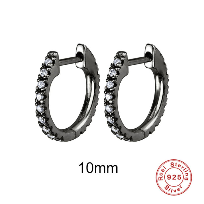 New S925 Sterling Silver Round Black Fully Stone-Set Ear Cuff Hoop European American Personality Trendy Cool Girl Earrin...