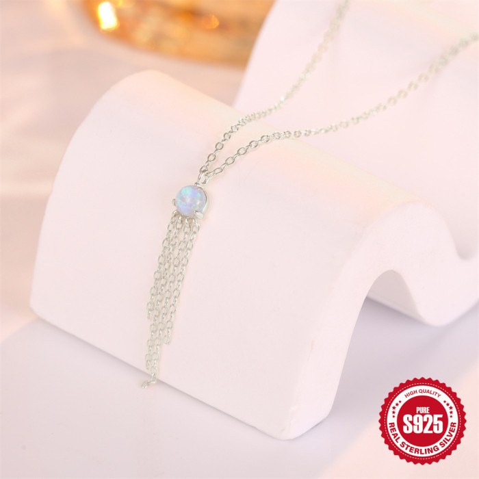 New S925 Sterling Silver High-End Australian Opal Tassel Collarbone Chain Korean French Niche Design INS Necklace for Women