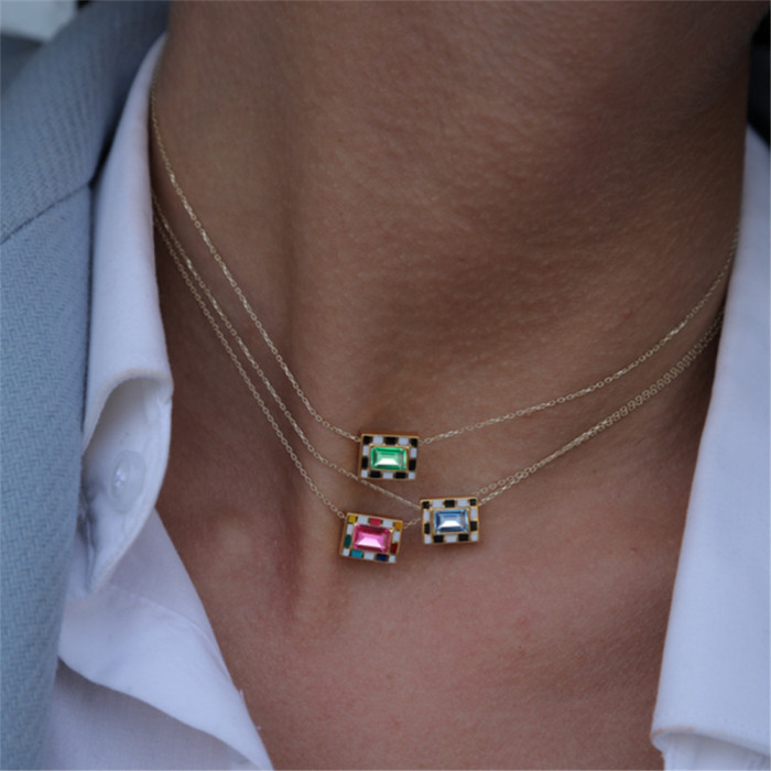 S925 Sterling Silver Checkerboard Water Drop Imitation Enamel Oil Drop Inlaid Diamond Collarbone Necklace European and American INS Creative Style Collarbone Chain
