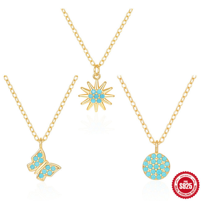 New S925 Sterling Silver Turquoise Sunflower Necklace for Women Korean Niche Style Versatile Fashionable Light Luxury Collarbone Chain