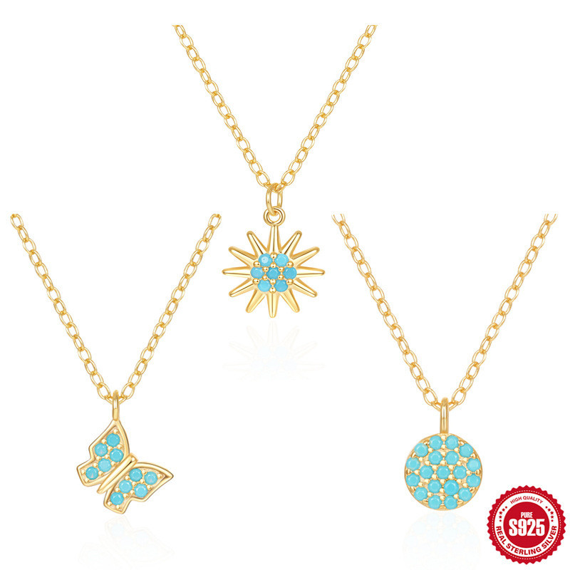 New S925 Sterling Silver Turquoise Sunflower Necklace for Women Korean Niche Style Versatile Fashionable Light Luxury Collarbone Chain