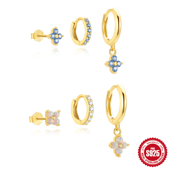 S925 Sterling Silver Geometric Classic Petal Inlaid Diamond Hoop Earrings High-end European and American Hot-selling Light Luxury Opal Earrings