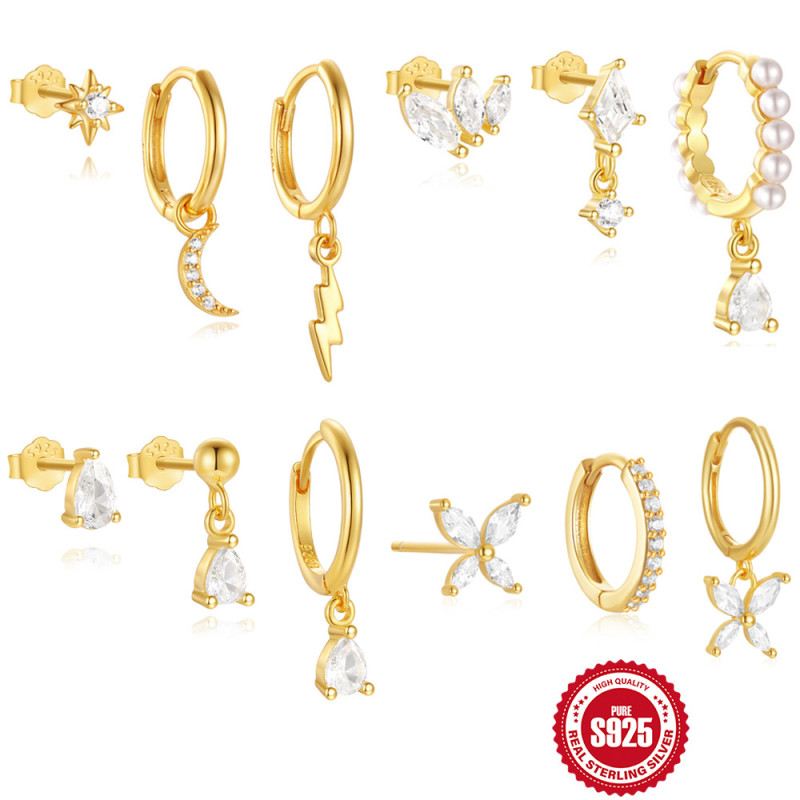 S925 Sterling Silver Pearl Water Drop Hoop Earrings with Diamond Set Cross-Border Hot-Selling Classic Moon Lightning Geometric Earrings