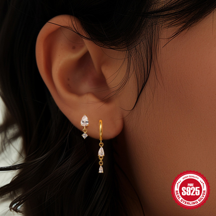 S925 Sterling Silver Colorful Water Drop Inlaid Diamond Daily Matching Hoop Earrings Ear Clips Earrings European and American Hot Selling French Style Earrings for Women