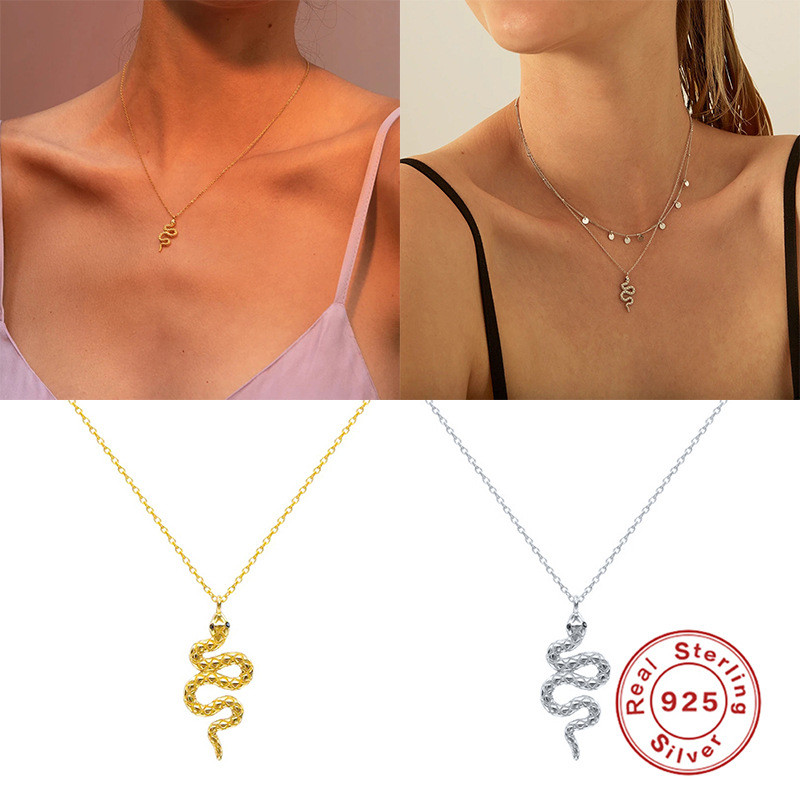 S925 Sterling Silver INS New Style Personality Snake-Shaped Wrapped Diamond Pendant Necklace European and American Trendy Hot-Selling Collarbone Necklace