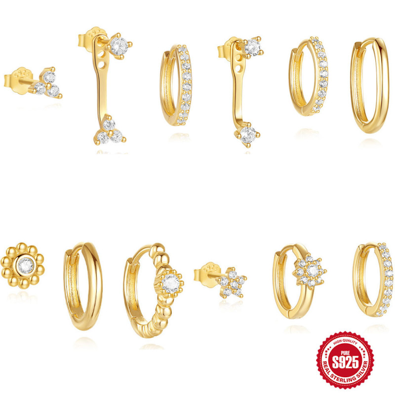S925 Sterling Silver Geometric Double-Sided Wearable Hoop Earrings Stud Set European and American Hot-Selling Classic Flower Earrings for Women