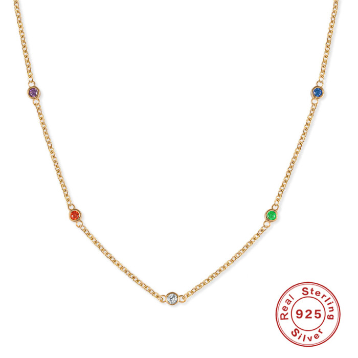 S925 Sterling Silver Colorful Diamond Elegant Clavicle Necklace European and American French Style Super Sparkling Diamond INS Clavicle Chain Necklace